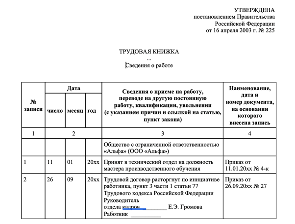 Запись в трудовой книжке об увольнении по собственному желанию в 2025 году
