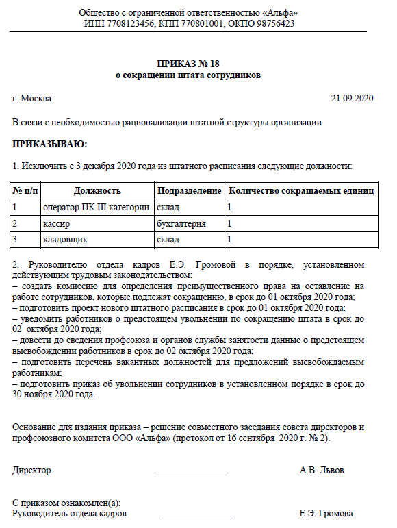 Проект штатного расписания при сокращении штата образец