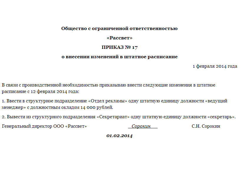 Новая должность в штатном расписании: образцы документов